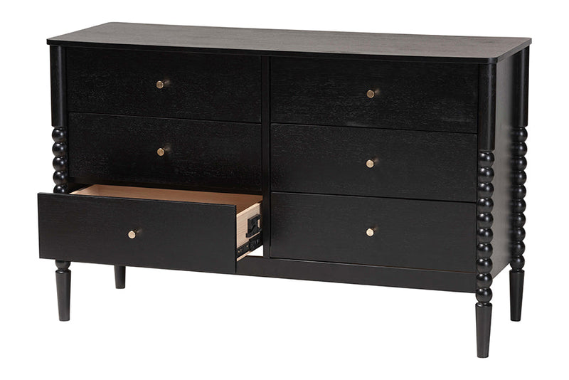 Laverne Black Bobbin Wood 6-Drawer Dresser Baxton
