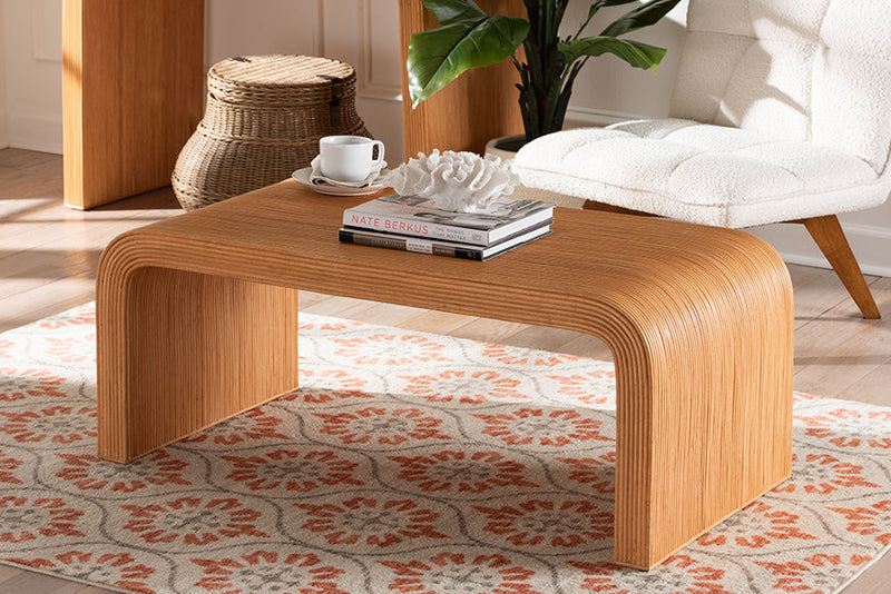 Delara Bohemian Light Honey Fluted Rattan Coffee Table Baxton