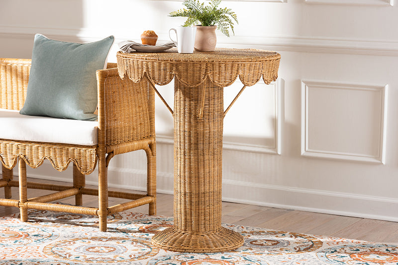 Adela Bohemian Light Honey Rattan Scalloped Accent Table