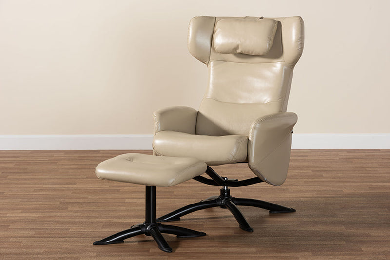 Sage Modern Beige Faux Leather 2Pc Lounge Chair and Footrest Set Baxton