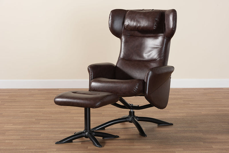 Sage Modern Brown Faux Leather 2Pc Lounge Chair and Footrest Set Baxton