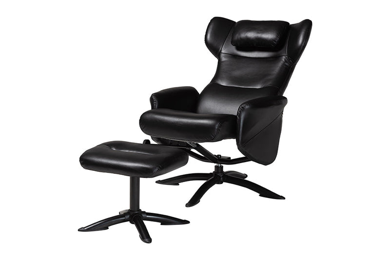 Sage Modern Black Faux Leather 2Pc Lounge Chair and Footrest Set Baxton