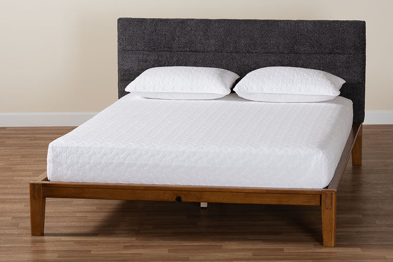 Miyagi Japandi Dark GrayTeddy Fabric and Walnut Brown Wood Queen Bed Baxton