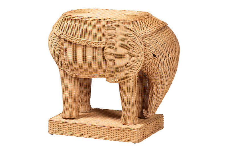 Leandra Bohemian Light Honey Rattan Elephant End Table Baxton