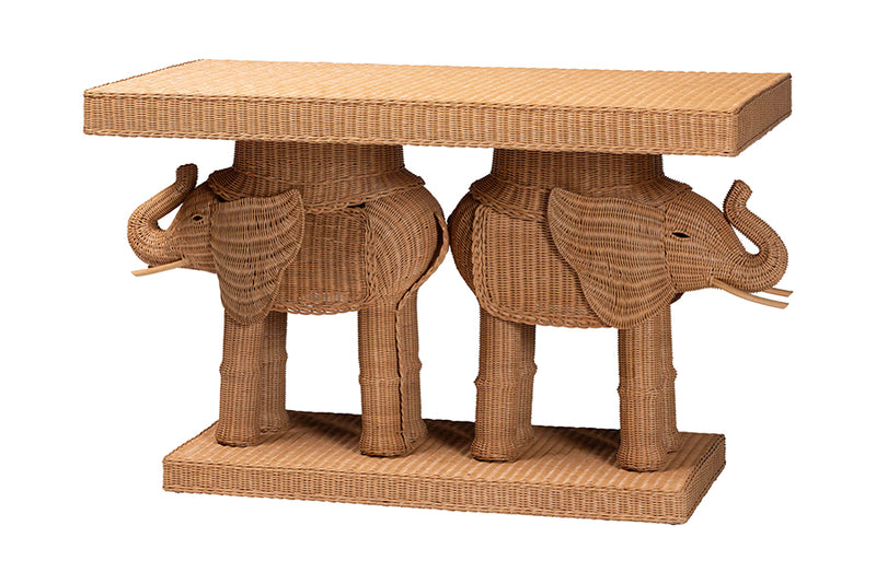 Leandra Bohemian Honey Rattan Elephant Console Table