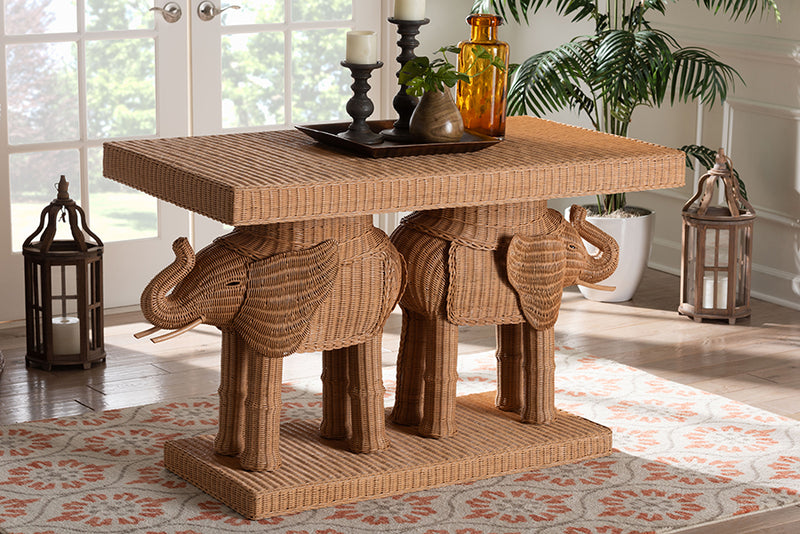 Leandra Bohemian Honey Rattan Elephant Console Table