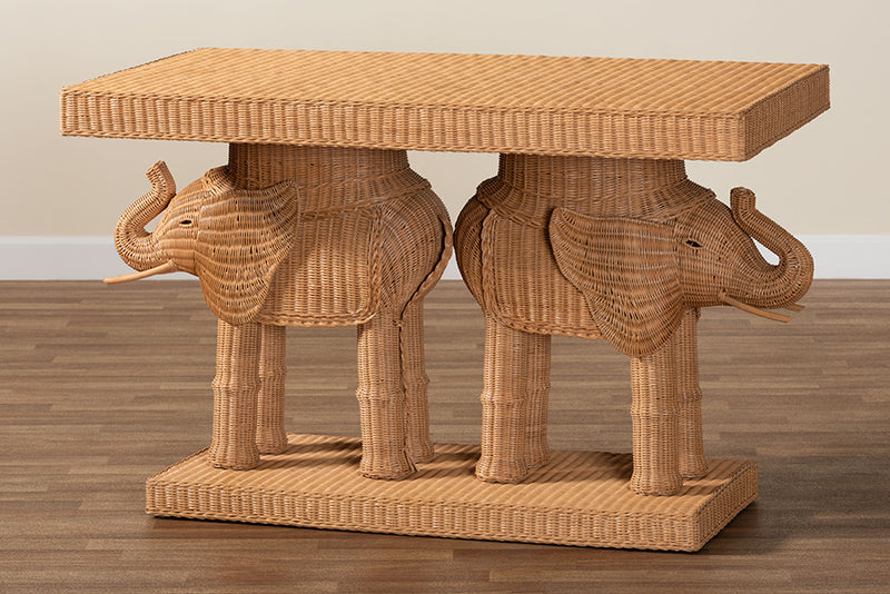 Leandra Bohemian Honey Rattan Elephant Console Table