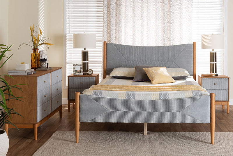 Troy GrayCorduroy and Oak Brown Wood Queen 4Pc Bedroom Set with Two Nightstands Baxton