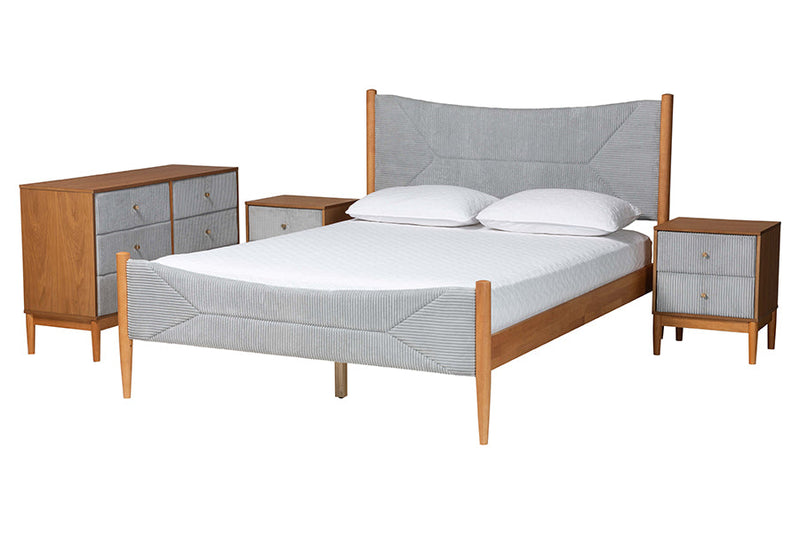 Troy GrayCorduroy and Oak Brown Wood Queen 4Pc Bedroom Set with Two Nightstands Baxton