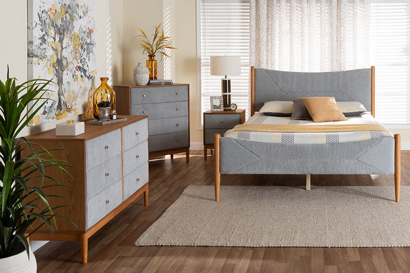 Troy GrayCorduroy and Oak Brown Wood Queen 4Pc Bedroom Set Baxton