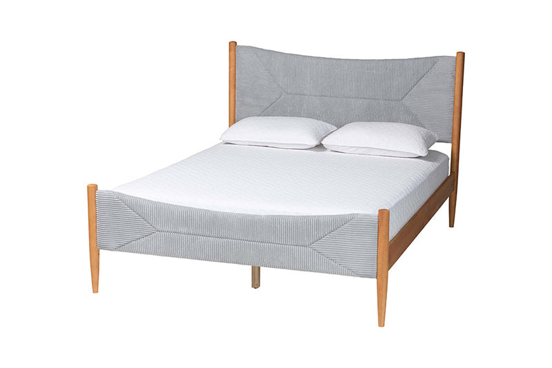 Troy GrayCorduroy and Oak Brown Wood Queen Bed Baxton