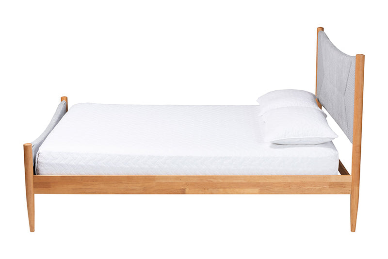 Troy GrayCorduroy and Oak Brown Wood Queen Bed Baxton