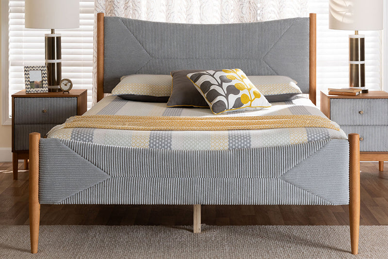 Troy GrayCorduroy and Oak Brown Wood Queen Bed Baxton