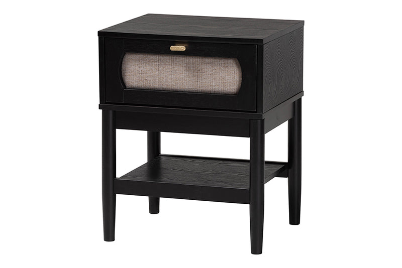 Marzenia Mid-Century Beige Fabric and Black Wood 1-Drawer Nightstand