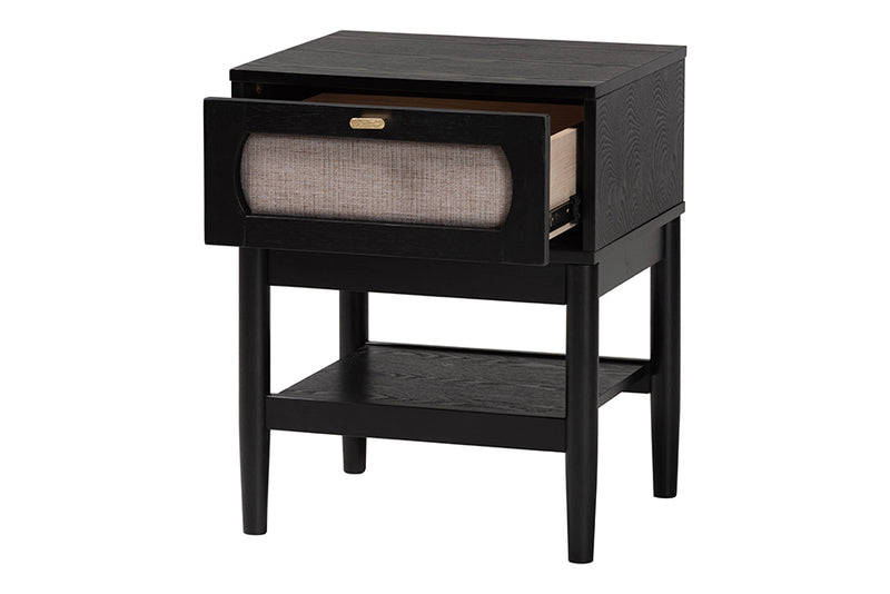 Marzenia Mid-Century Beige Fabric and Black Wood 1-Drawer Nightstand