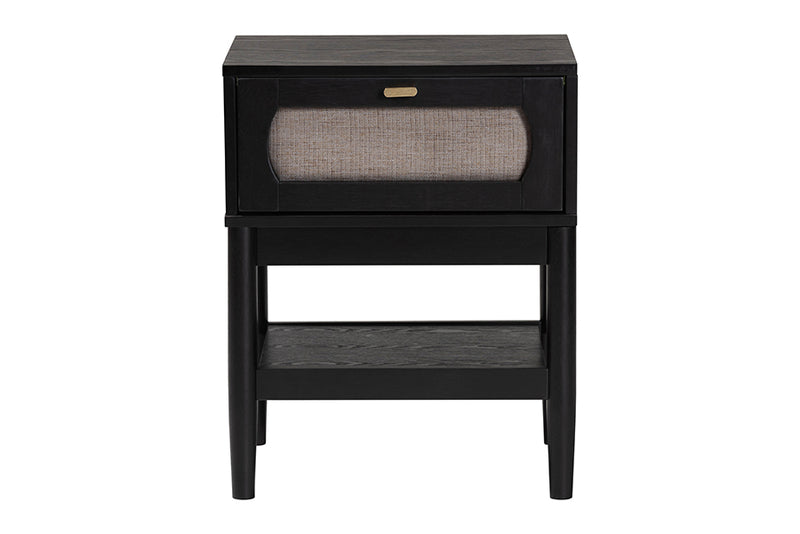 Marzenia Mid-Century Beige Fabric and Black Wood 1-Drawer Nightstand