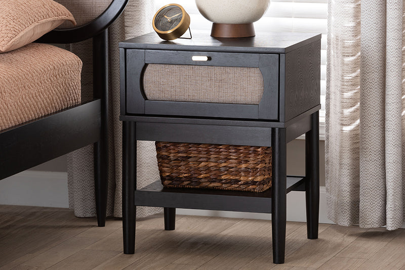 Marzenia Mid-Century Beige Fabric and Black Wood 1-Drawer Nightstand