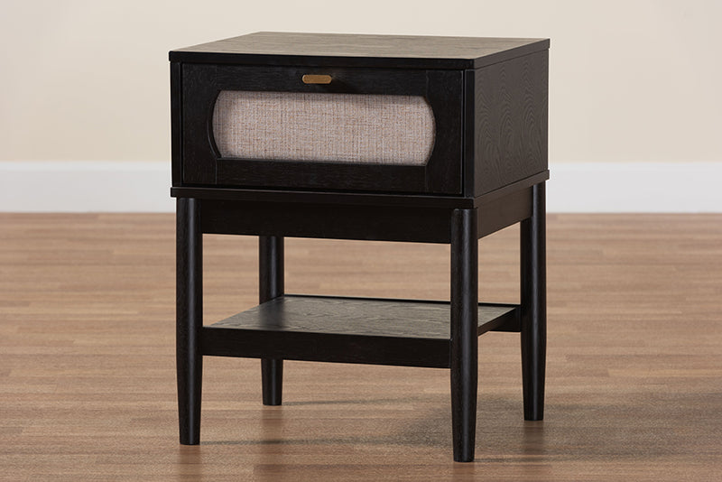 Marzenia Mid-Century Beige Fabric and Black Wood 1-Drawer Nightstand