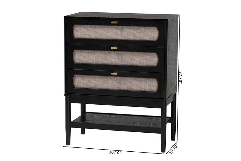 Marzenia Mid-Century Beige Fabric and Black Wood 3-Drawer Chest