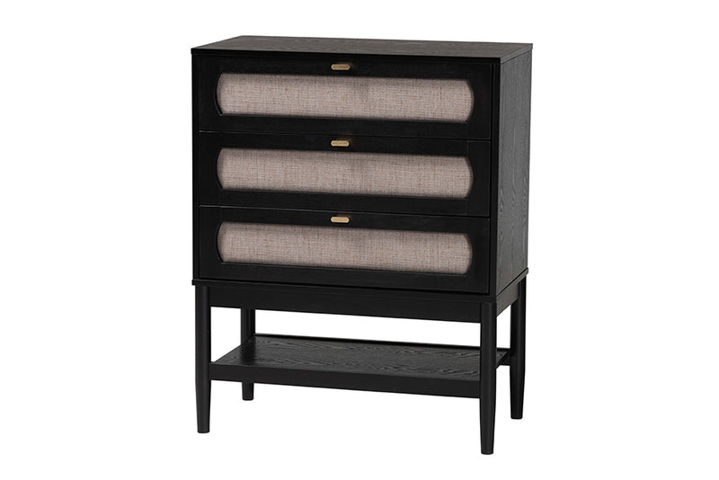 Marzenia Mid-Century Beige Fabric and Black Wood 3-Drawer Chest