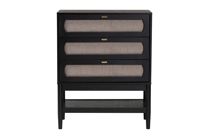 Marzenia Mid-Century Beige Fabric and Black Wood 3-Drawer Chest