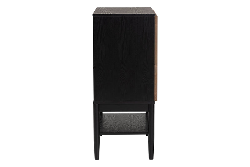 Marzenia Mid-Century Beige Fabric and Black Wood 3-Drawer Chest