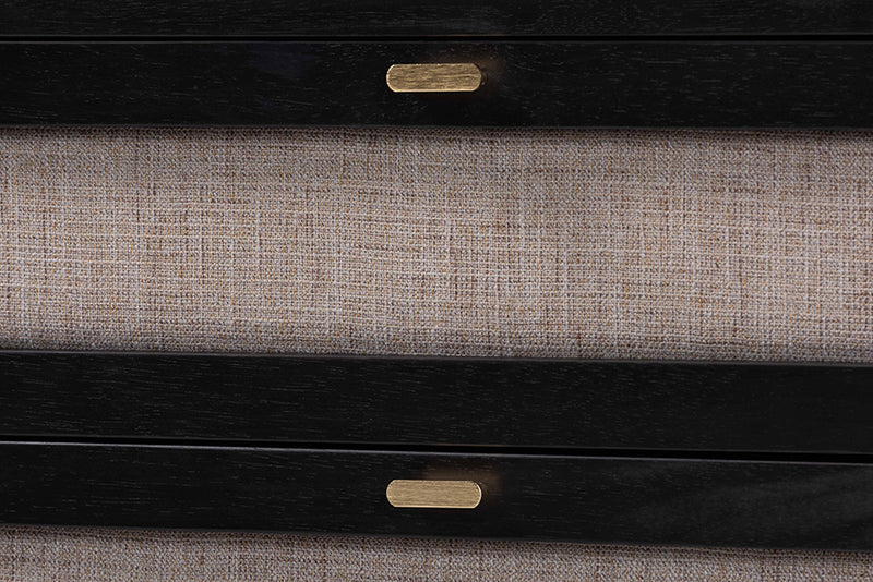 Marzenia Mid-Century Beige Fabric and Black Wood 3-Drawer Chest