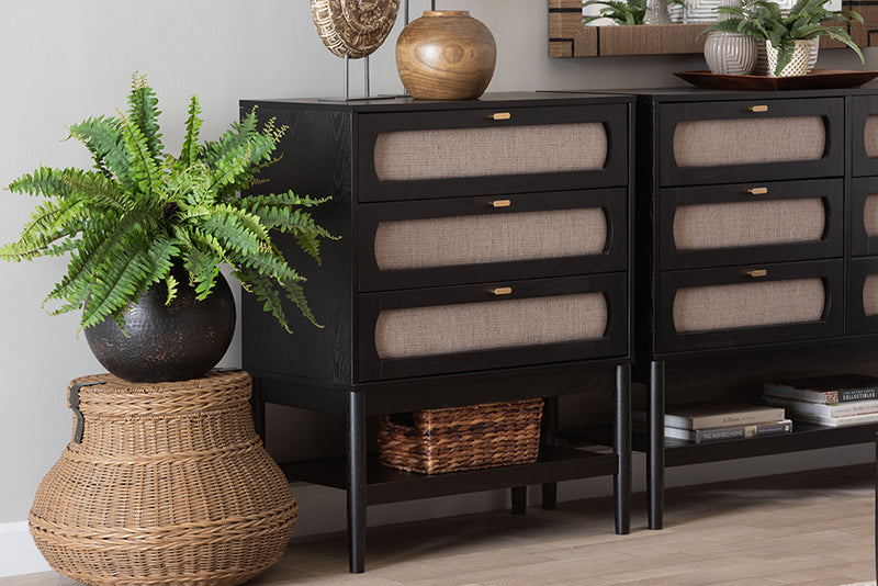 Marzenia Mid-Century Beige Fabric and Black Wood 3-Drawer Chest