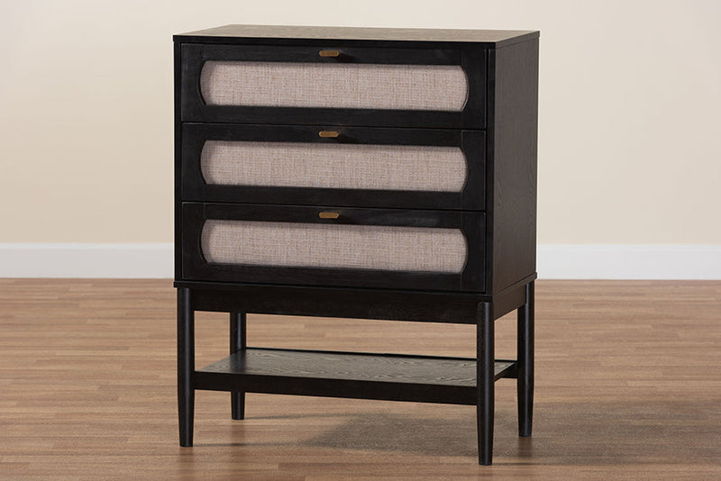 Marzenia Beige Fabric and Black Wood 3-Drawer Chest Baxton