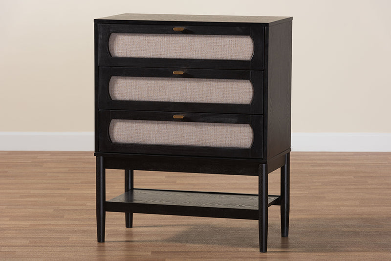 Marzenia Mid-Century Beige Fabric and Black Wood 3-Drawer Chest