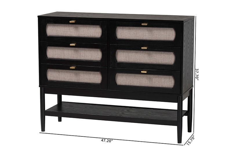 Marzenia Mid-Century Beige Fabric and Black Wood 6-Drawer Dresser