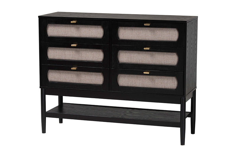 Marzenia Beige Fabric and Black Wood 6-Drawer Dresser Baxton