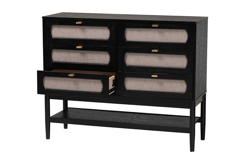 Marzenia Mid-Century Beige Fabric and Black Wood 6-Drawer Dresser