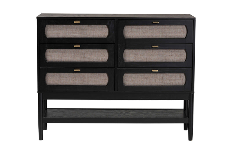 Marzenia Mid-Century Beige Fabric and Black Wood 6-Drawer Dresser