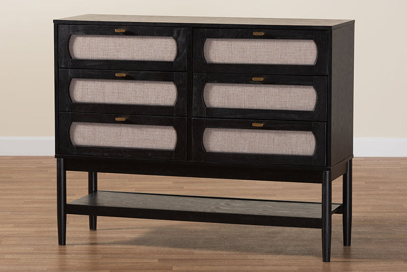 Marzenia Beige Fabric and Black Wood 6-Drawer Dresser Baxton