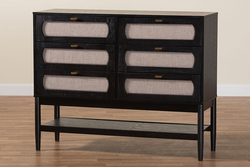 Marzenia Mid-Century Beige Fabric and Black Wood 6-Drawer Dresser