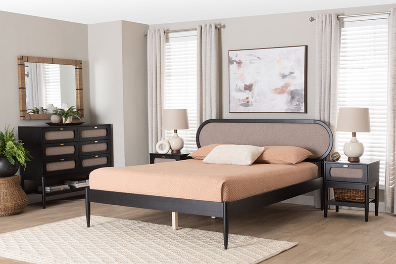 Marzenia Mid-Century Beige Fabric and Black Wood Queen 4-Piece Bedroom Set w/Two nightstands