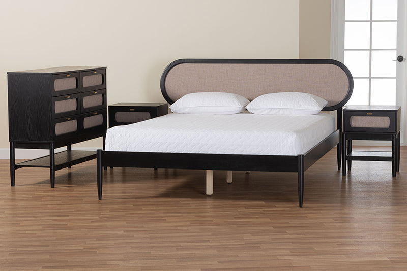 Marzenia Mid-Century Beige Fabric and Black Wood Queen 4-Piece Bedroom Set w/Two nightstands