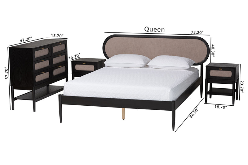 Marzenia Mid-Century Beige Fabric and Black Wood Queen 4-Piece Bedroom Set w/Two nightstands