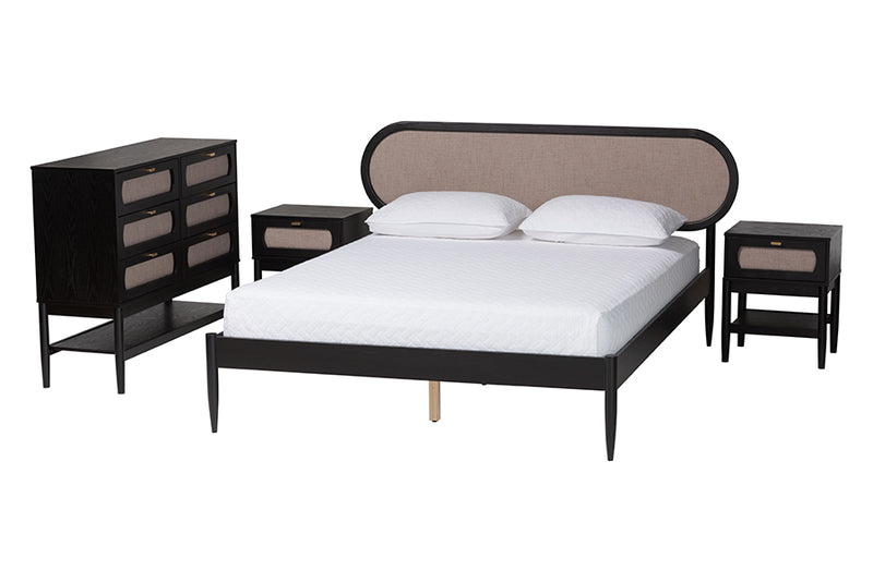 Marzenia Mid-Century Beige Fabric and Black Wood Queen 4-Piece Bedroom Set w/Two nightstands