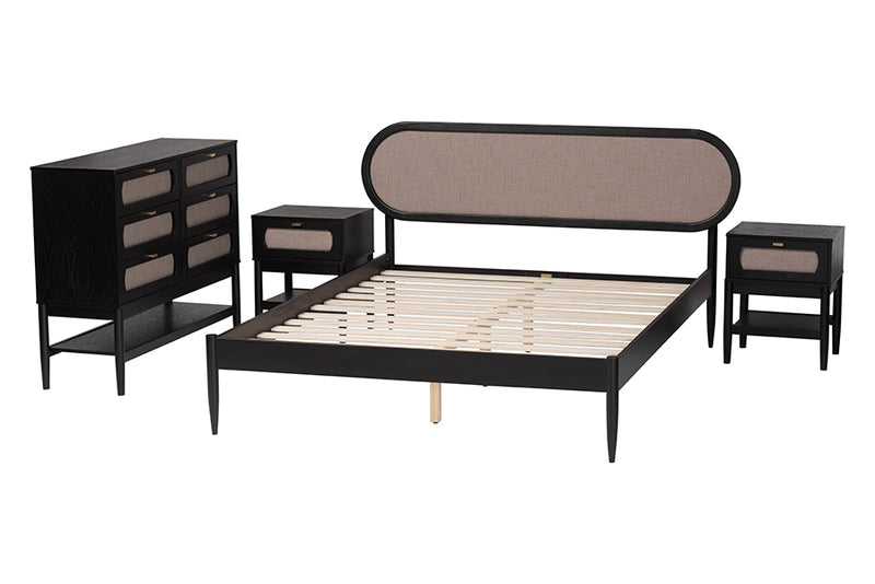 Marzenia Mid-Century Beige Fabric and Black Wood Queen 4-Piece Bedroom Set w/Two nightstands