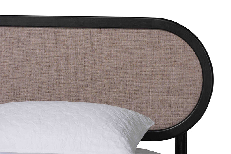 Marzenia Mid-Century Beige Fabric and Black Wood Queen 4-Piece Bedroom Set w/Two nightstands