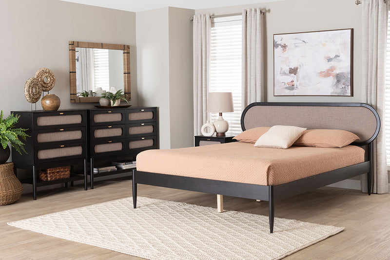 Marzenia Mid-Century Beige Fabric and Black Wood Queen 4-Piece Bedroom Set