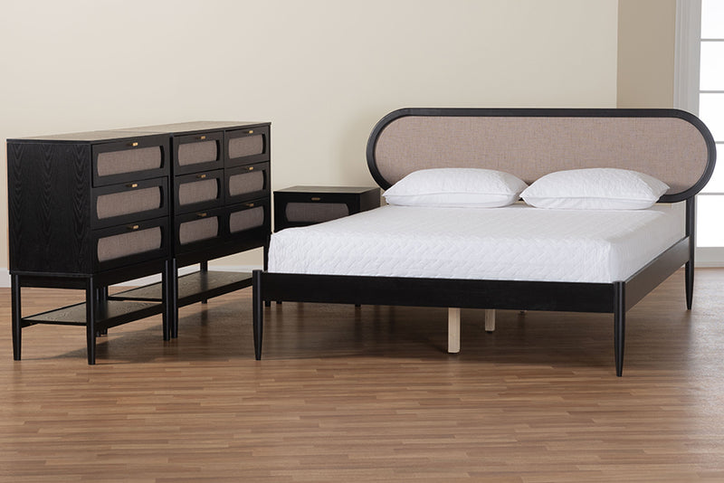 Marzenia Mid-Century Beige Fabric and Black Wood Queen 4-Piece Bedroom Set