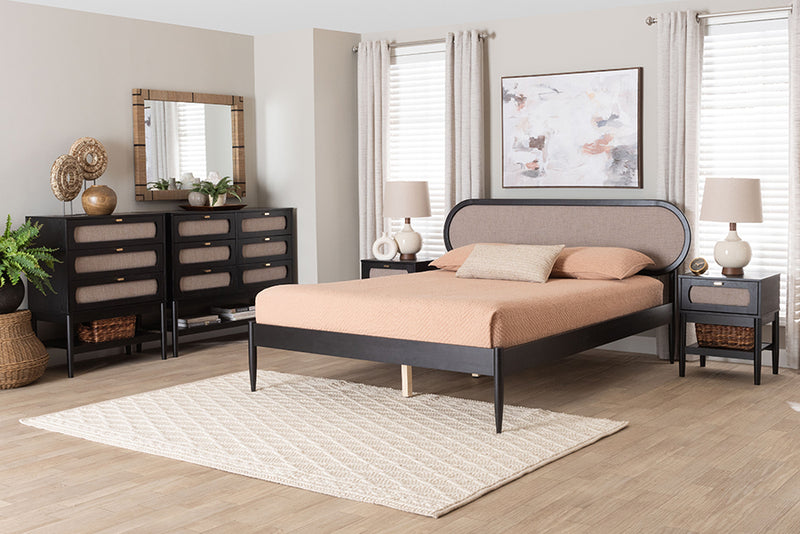 Marzenia Mid-Century Beige Fabric and Black Wood Queen 5-Piece Bedroom Set