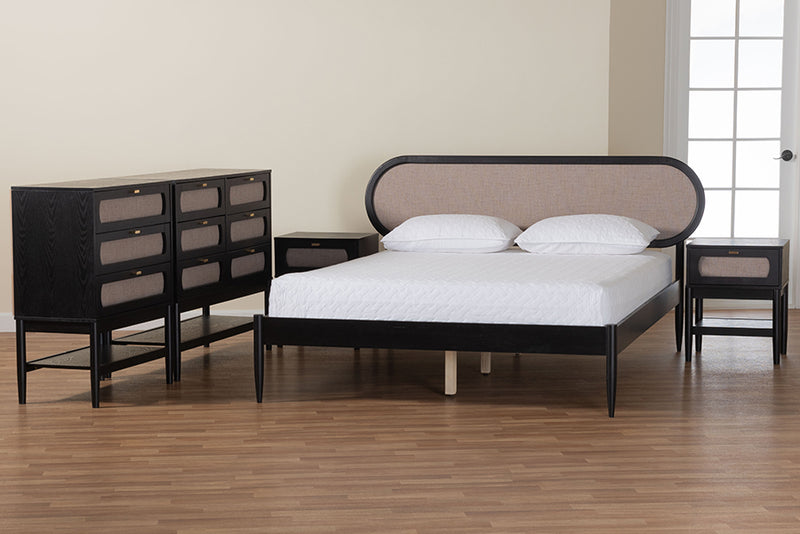 Marzenia Mid-Century Beige Fabric and Black Wood Queen 5-Piece Bedroom Set