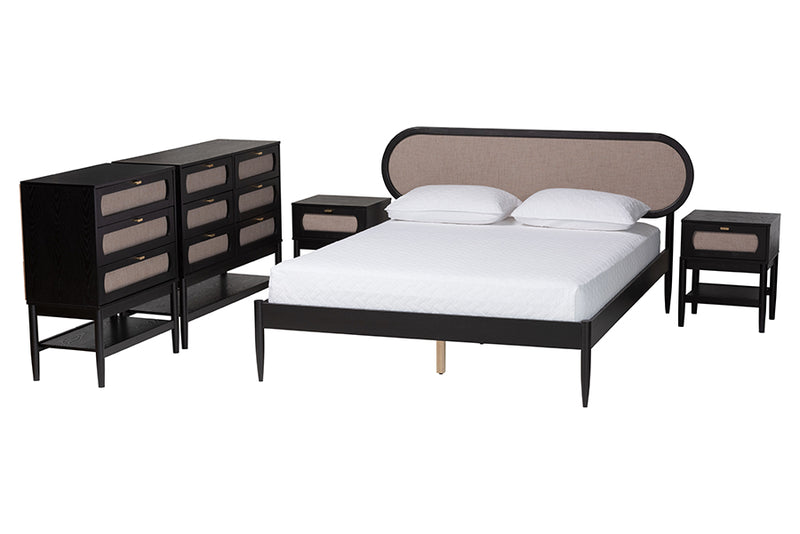 Marzenia Mid-Century Beige Fabric and Black Wood Queen 5-Piece Bedroom Set