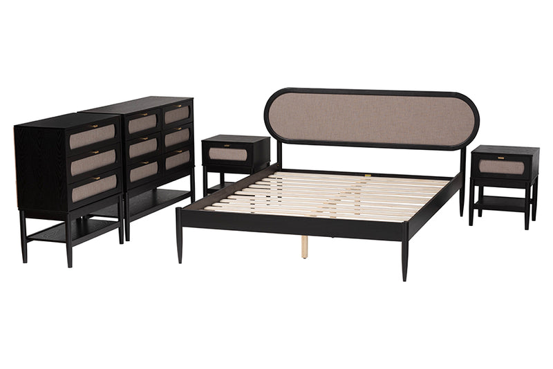 Marzenia Mid-Century Beige Fabric and Black Wood Queen 5-Piece Bedroom Set