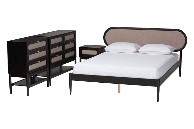 Marzenia Mid-Century Beige Fabric and Black Wood Queen 4-Piece Bedroom Set