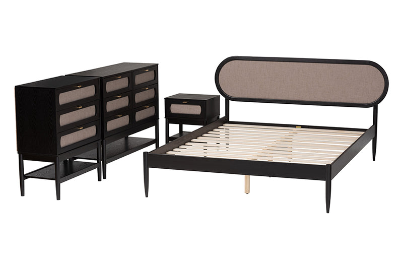 Marzenia Mid-Century Beige Fabric and Black Wood Queen 4-Piece Bedroom Set